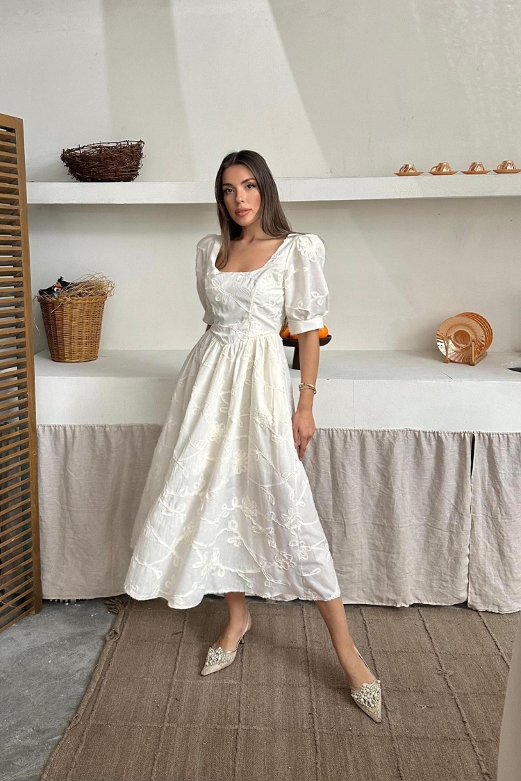 WholesaleBalloon Sleeve Embroidered Dress