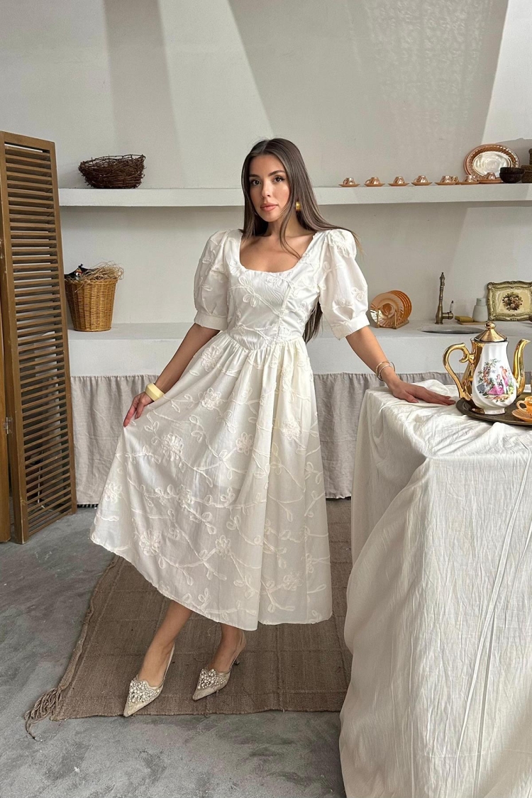 WholesaleBalloon Sleeve Embroidered Dress - Elisa - Globality Store - Women Clothes Wholesale Turkey