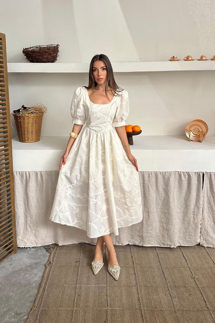 WholesaleBalloon Sleeve Embroidered Dress