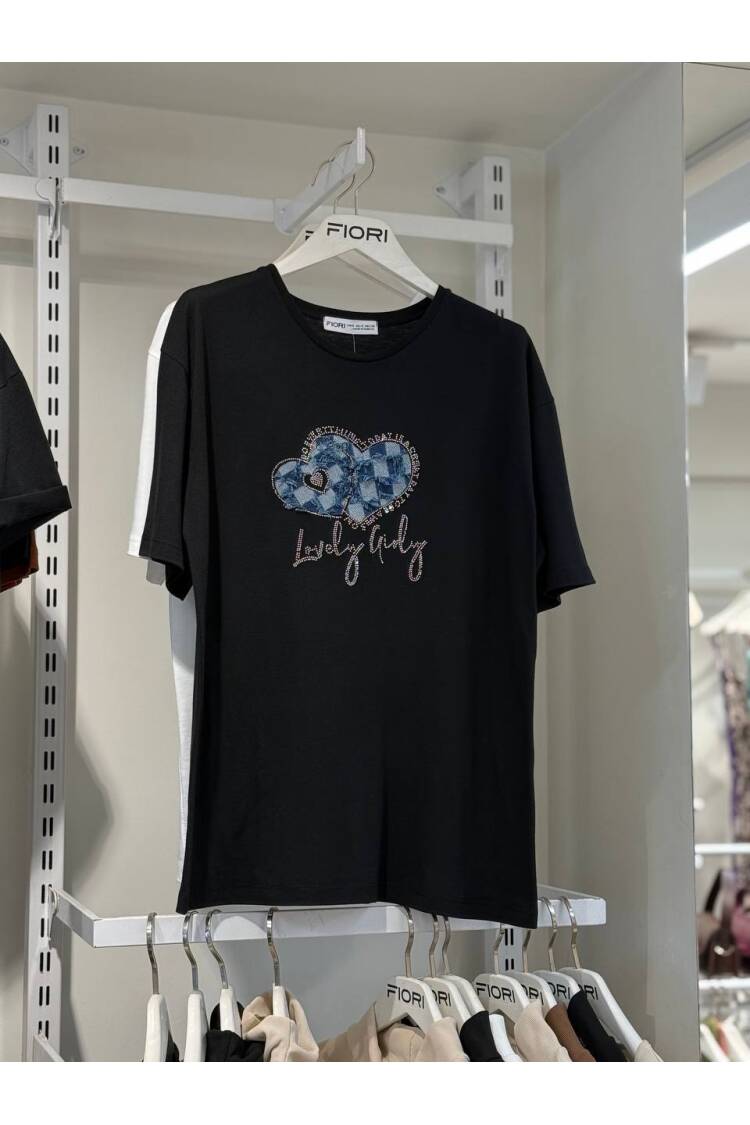 Heart Printed Tshirt - Fiori - Globality Store - Women Clothes Wholesale Turkey