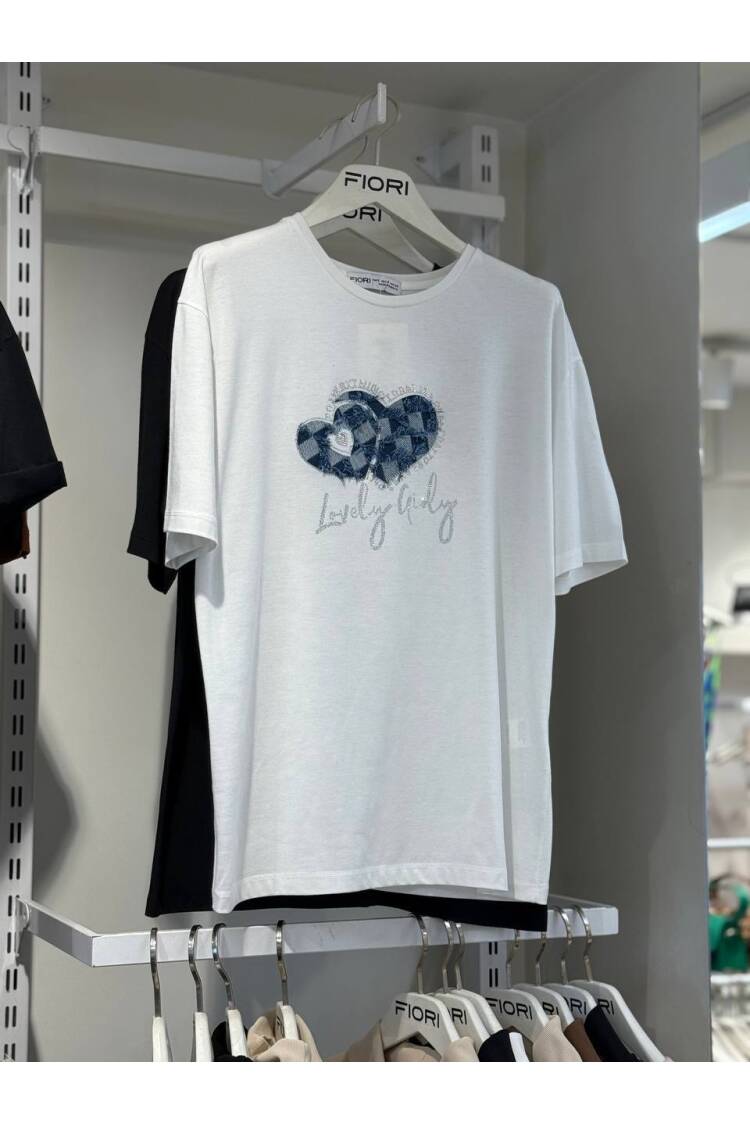 Heart Printed Tshirt - Fiori - Globality Store - Women Clothes Wholesale Turkey