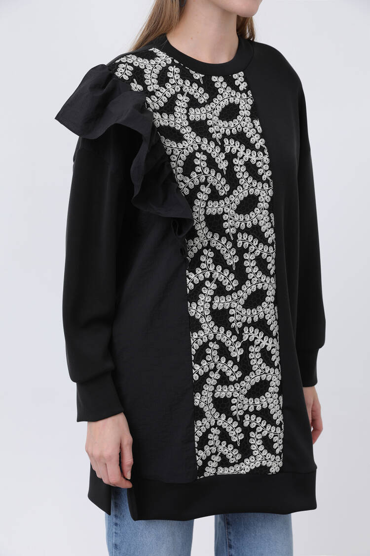 Women's Shoulder Ruffle Detailed Lace Garnished Tunic