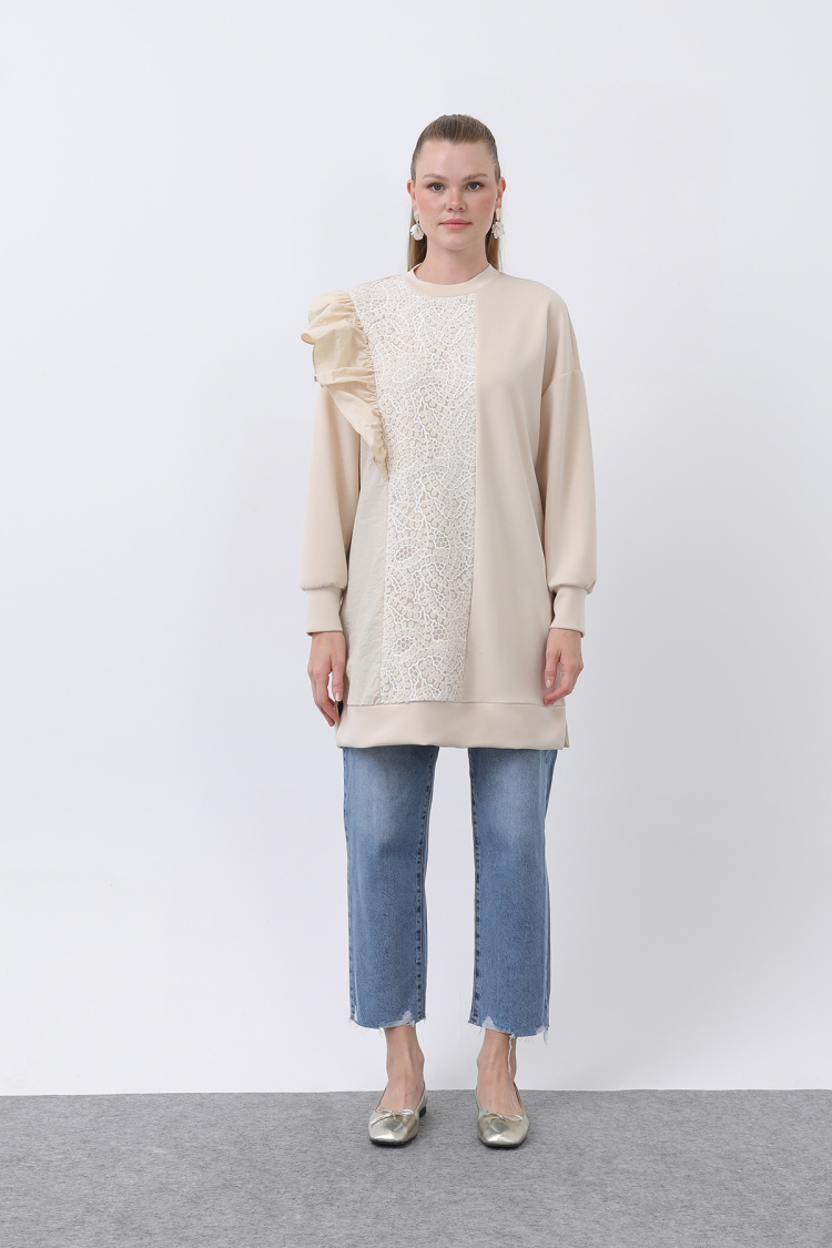 Women's Shoulder Ruffle Detailed Lace Garnished Tunic