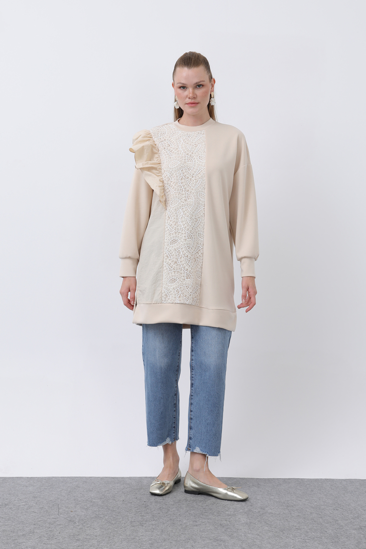 Women's Shoulder Ruffle Detailed Lace Garnished Tunic - Puane - Globality Store - Women Clothes Wholesale Turkey