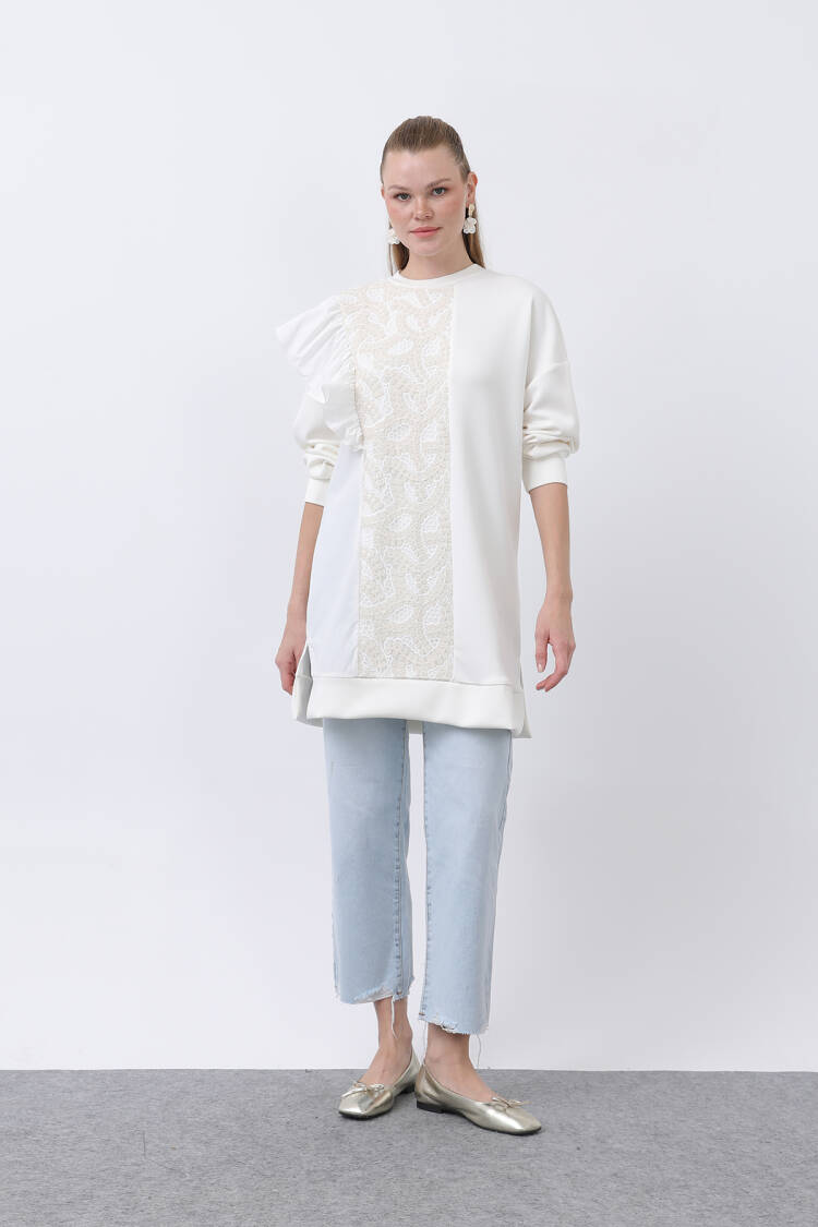 Women's Shoulder Ruffle Detailed Lace Garnished Tunic - Puane - Globality Store - Women Clothes Wholesale Turkey