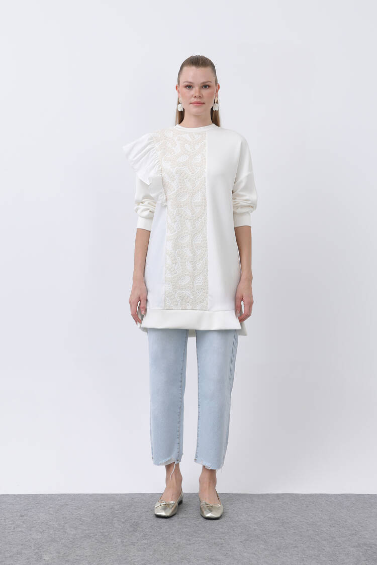 Women's Shoulder Ruffle Detailed Lace Garnished Tunic