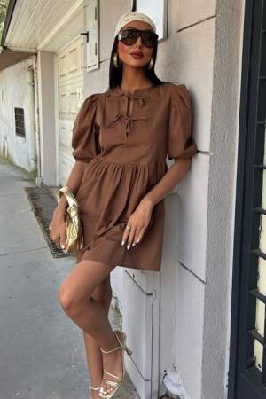 Dress With Bow Tie And Balloon Sleeves - Sobe Istanbul - Globality Store - Women Clothes Wholesale Turkey