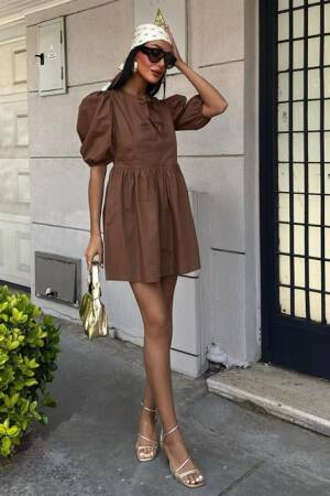 Dress With Bow Tie And Balloon Sleeves - Sobe Istanbul - Globality Store - Women Clothes Wholesale Turkey