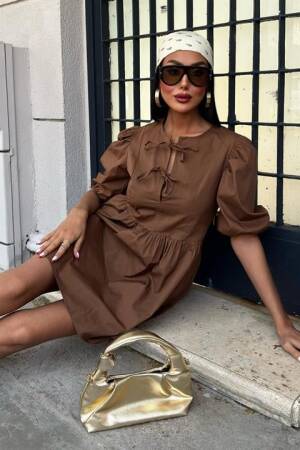 Dress With Bow Tie And Balloon Sleeves - Sobe Istanbul - Globality Store - Women Clothes Wholesale Turkey