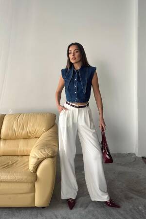 Collar Detailed Denim Crop Vest - Blue - Elisa - Globality Store - Women Clothes Wholesale Turkey