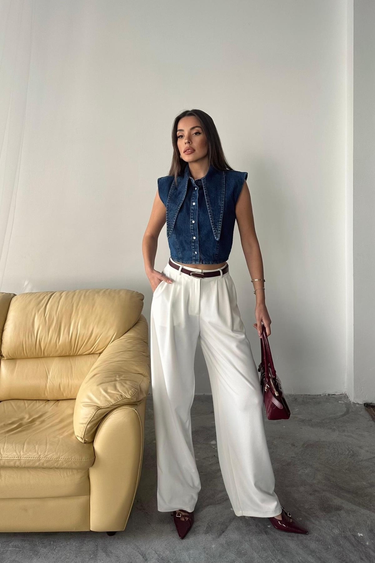 Collar Detailed Denim Crop Vest - Blue - Elisa - Globality Store - Women Clothes Wholesale Turkey