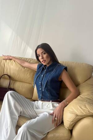 Collar Detailed Denim Crop Vest - Blue - Elisa - Globality Store - Women Clothes Wholesale Turkey