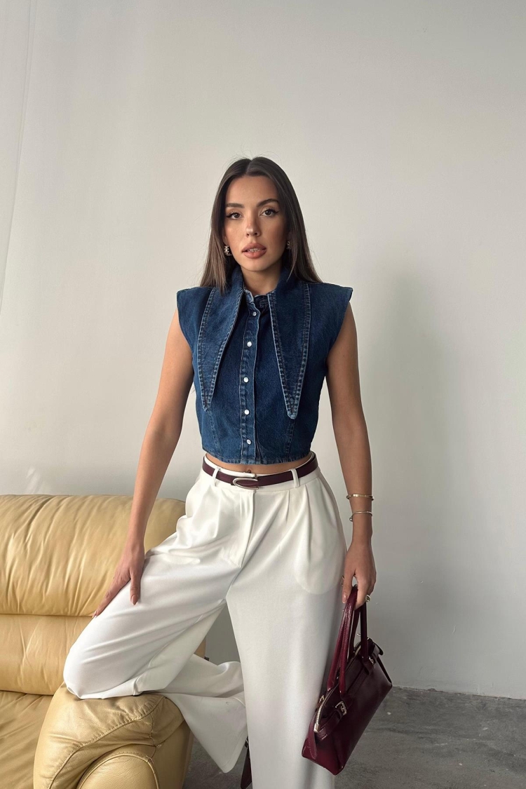 Collar Detailed Denim Crop Vest - Blue