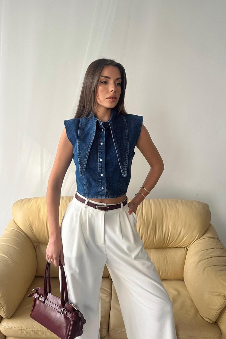 Collar Detailed Denim Crop Vest - Blue