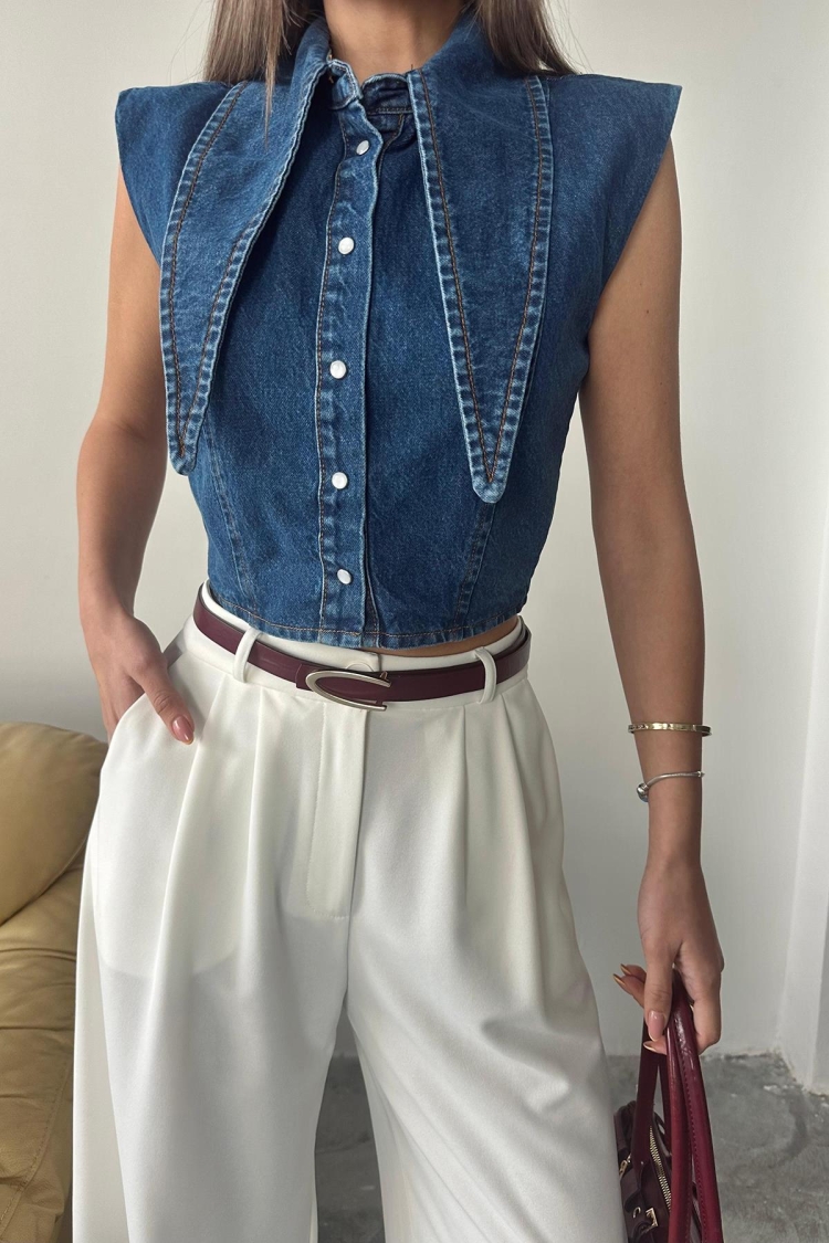 Collar Detailed Denim Crop Vest - Blue