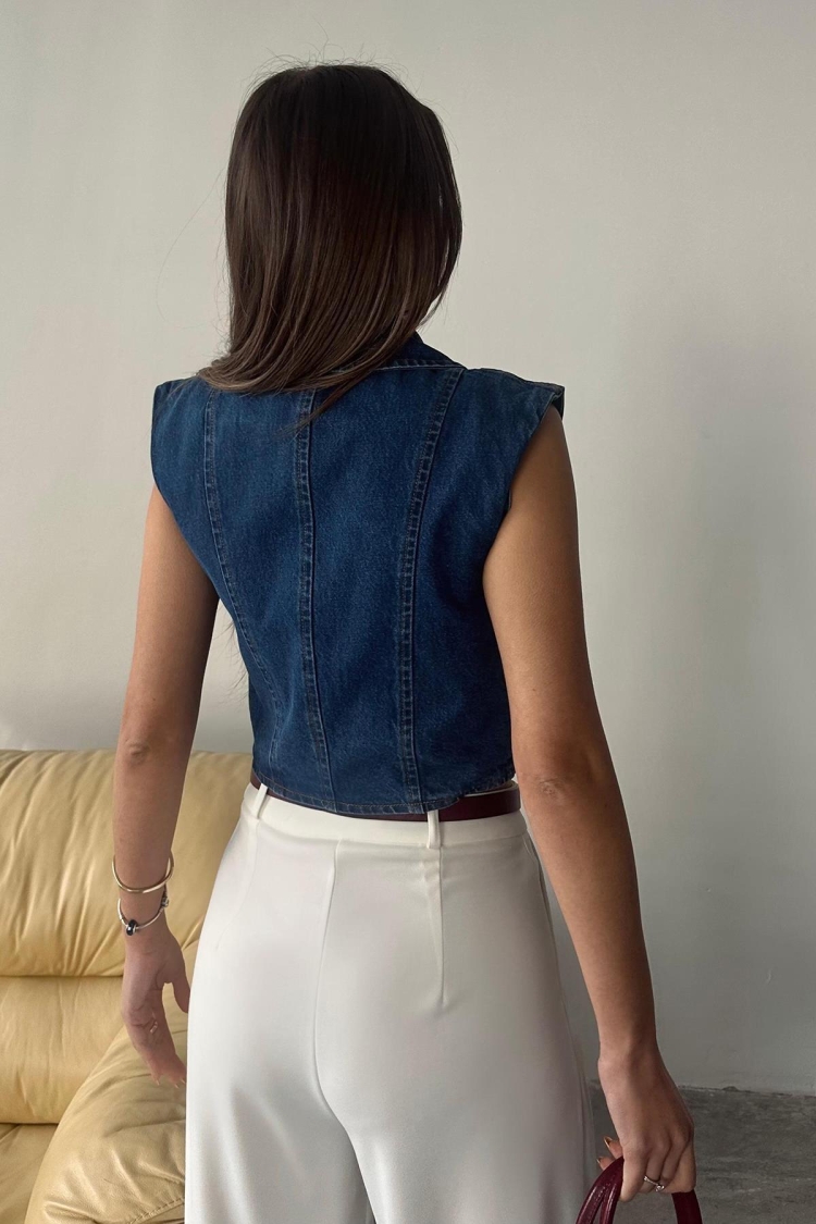 Collar Detailed Denim Crop Vest - Blue