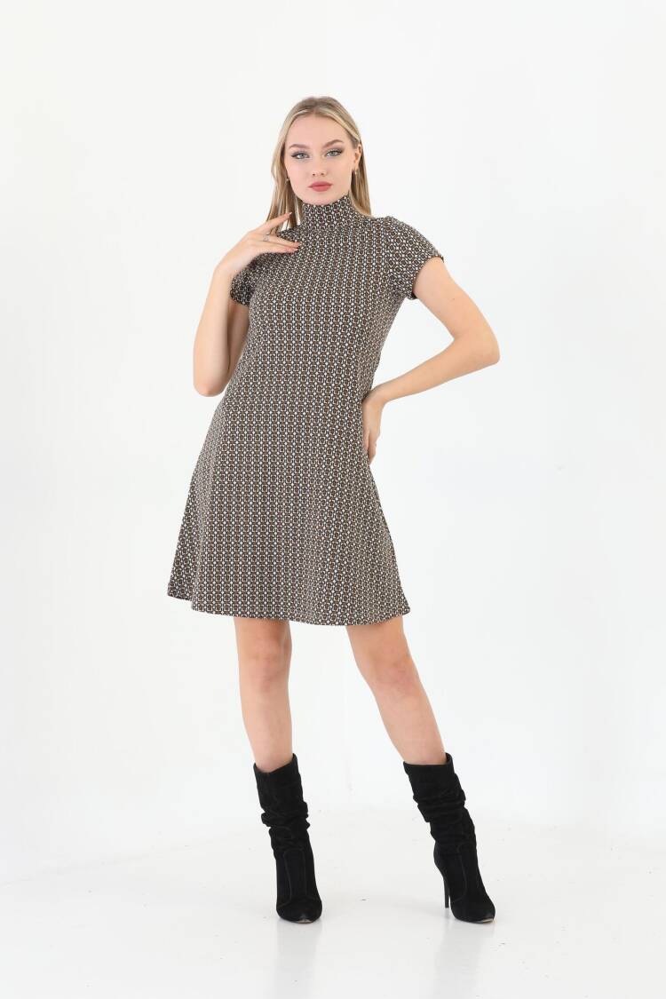 Edelle Light Brown Jacquard Turtleneck Mini Dress