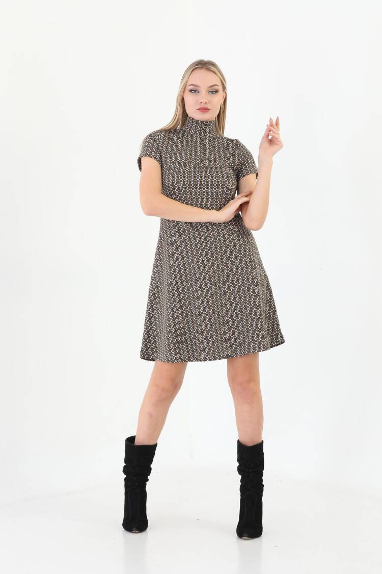 Edelle Light Brown Jacquard Turtleneck Mini Dress