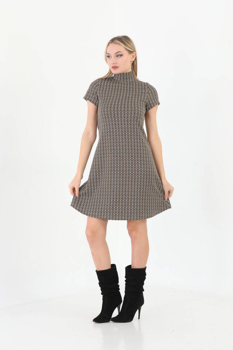 Edelle Light Brown Jacquard Turtleneck Mini Dress