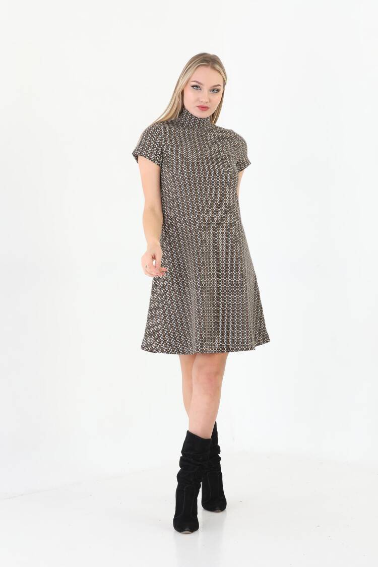 Edelle Light Brown Jacquard Turtleneck Mini Dress - EDELLE - Globality Store - Women Clothes Wholesale Turkey
