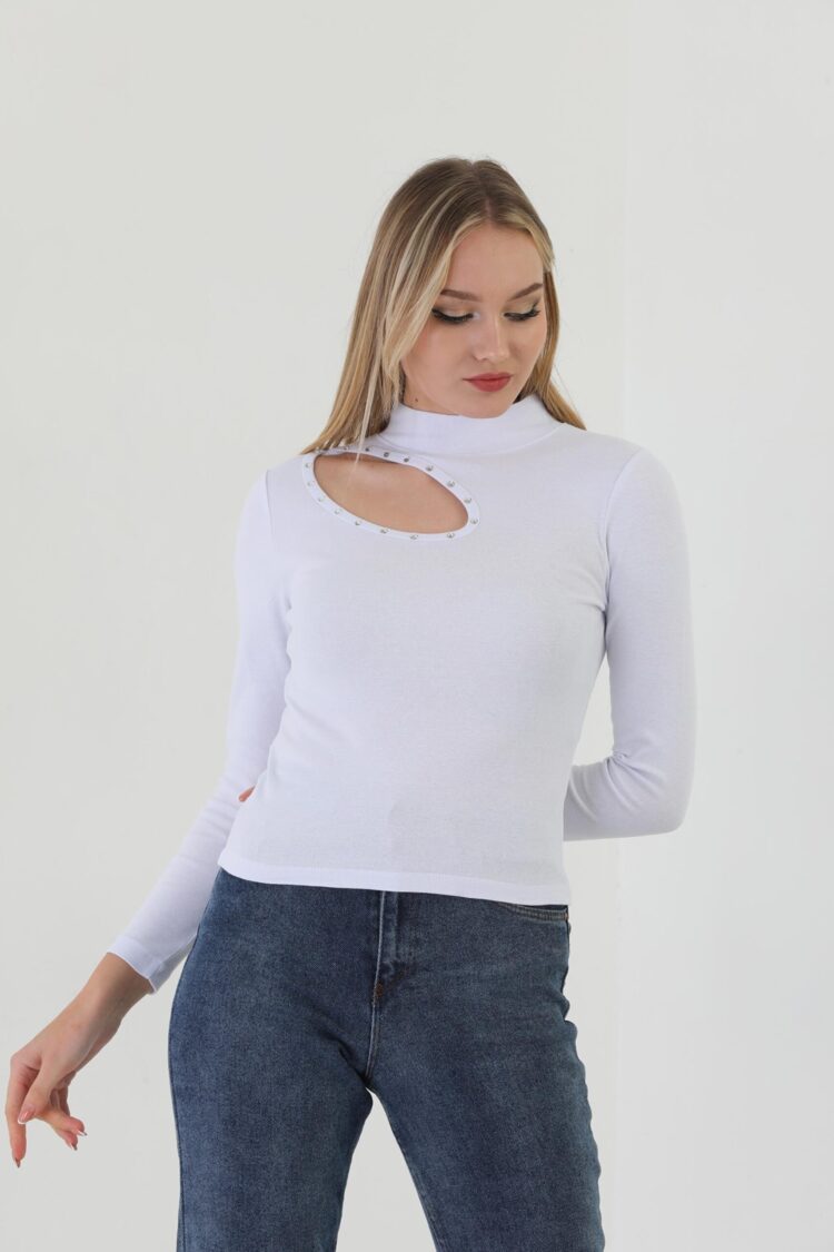 EdelleTurtleneck Stone Embroidered Long Sleeve Ribbed T-Shirt