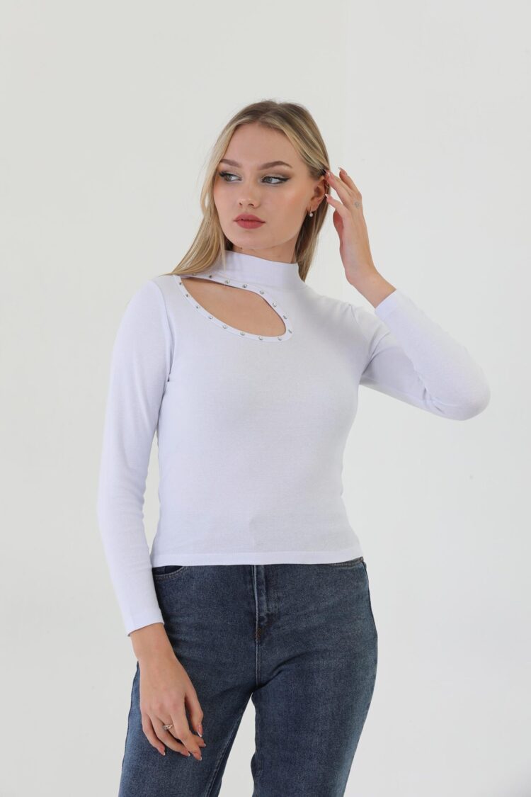 EdelleTurtleneck Stone Embroidered Long Sleeve Ribbed T-Shirt
