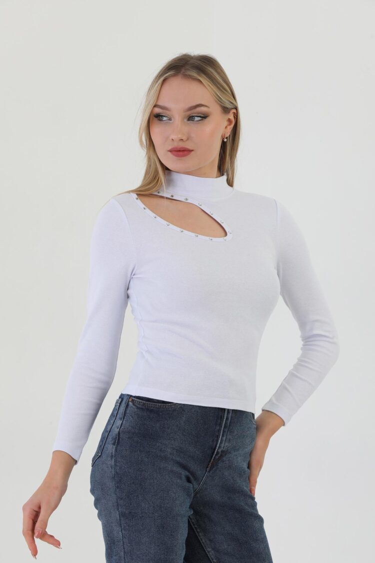 EdelleTurtleneck Stone Embroidered Long Sleeve Ribbed T-Shirt