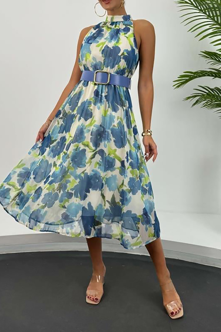 Midi Length Chiffon Dress With Belt