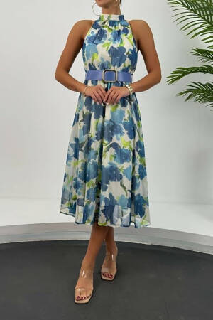 Midi Length Chiffon Dress With Belt - Mode Roy - Globality Store - Women Clothes Wholesale Turkey