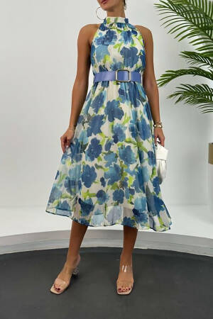 Midi Length Chiffon Dress With Belt - Mode Roy - Globality Store - Women Clothes Wholesale Turkey