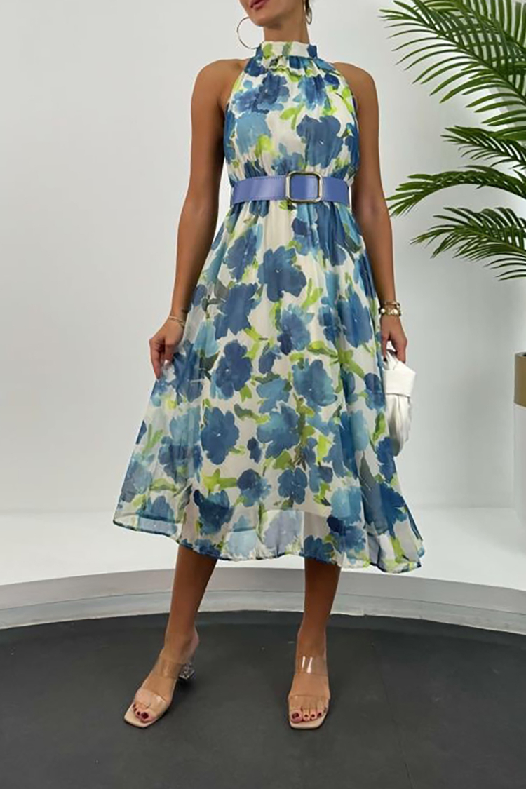 Midi Length Chiffon Dress With Belt