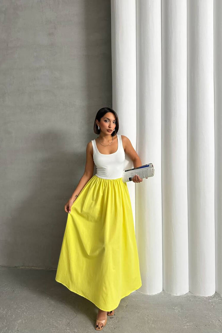White Two Color Tank Top Dress With Straps - Mode Roy - Globality Store - Women Clothes Wholesale Turkey