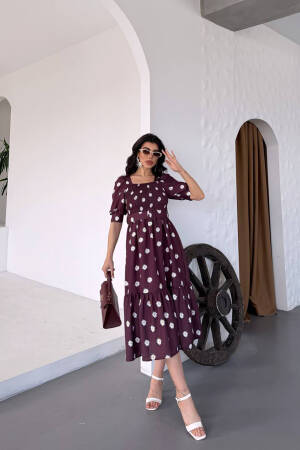 Square Collar Floral Midi Dress With Belt - Burgundy - Mode Roy - Globality Store - Women Clothes Wholesale Turkey