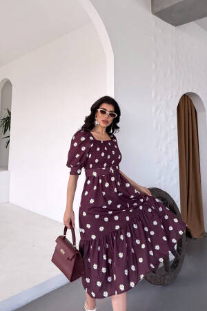 Square Collar Floral Midi Dress With Belt - Burgundy - Mode Roy - Globality Store - Women Clothes Wholesale Turkey