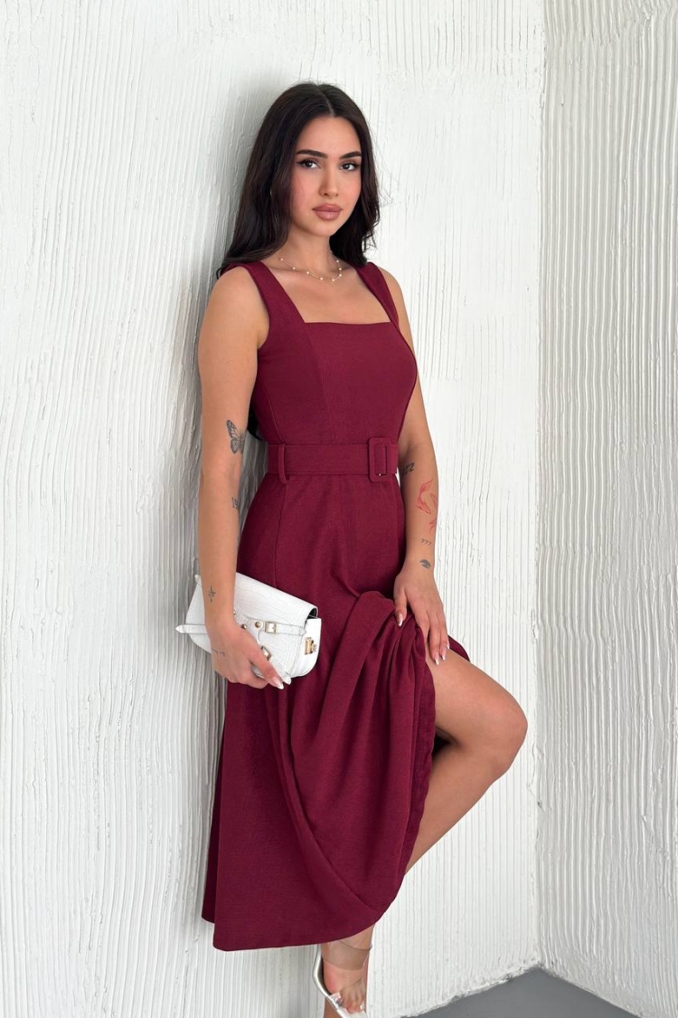 Lycra Belt Detailed Sling Dress - Burgundy