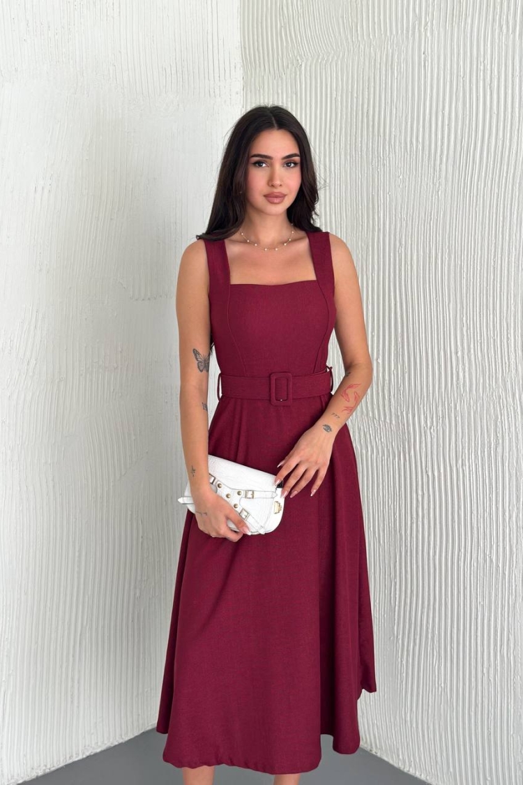 Lycra Belt Detailed Sling Dress - Burgundy