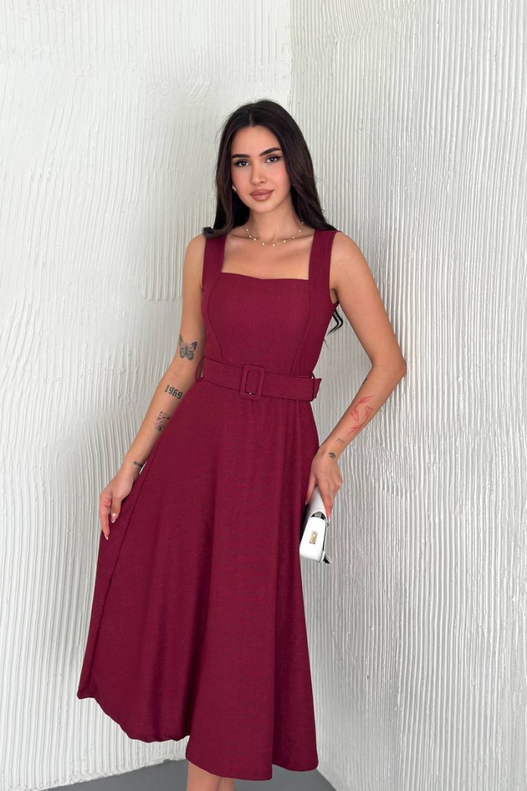 Lycra Belt Detailed Sling Dress - Burgundy - Mode Roy - Globality Store - Women Clothes Wholesale Turkey