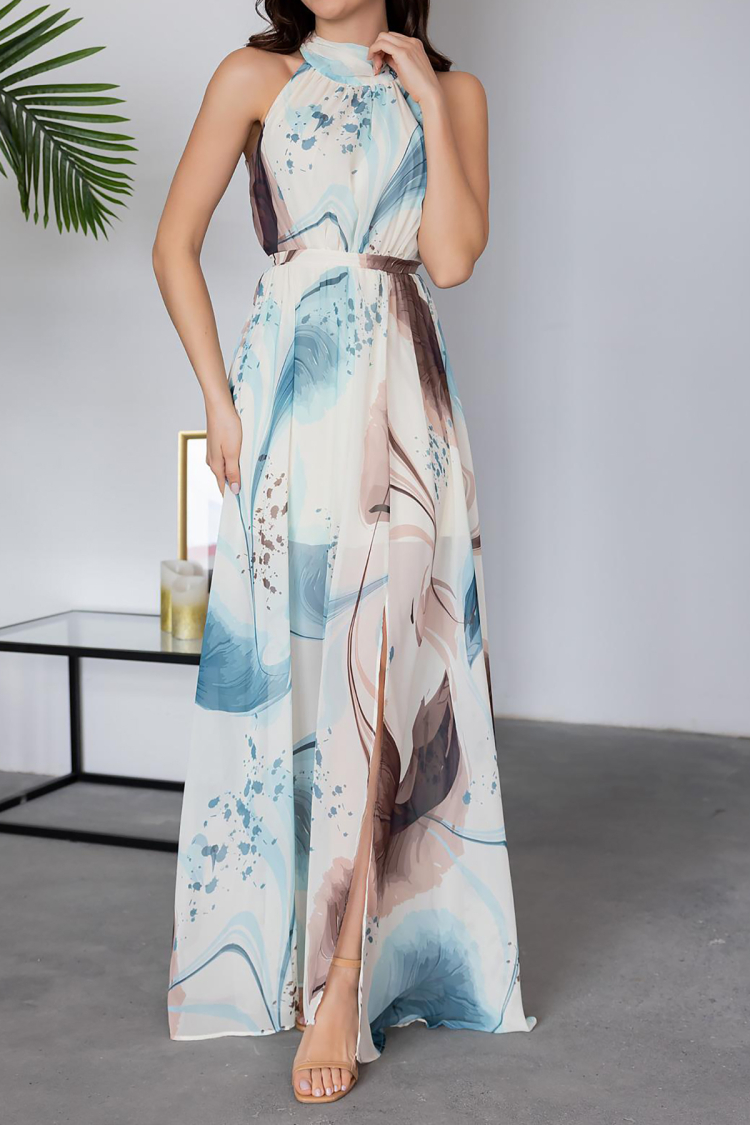 Halter Collar Lined Maxi Chiffon Dress