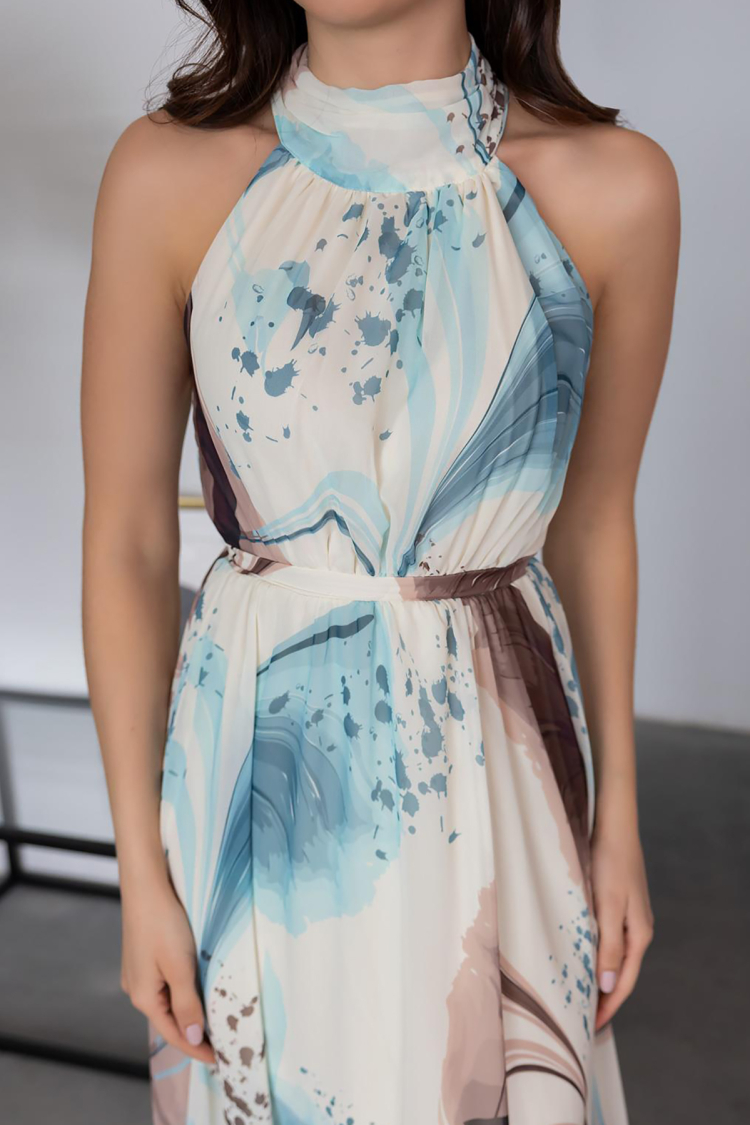 Halter Collar Lined Maxi Chiffon Dress