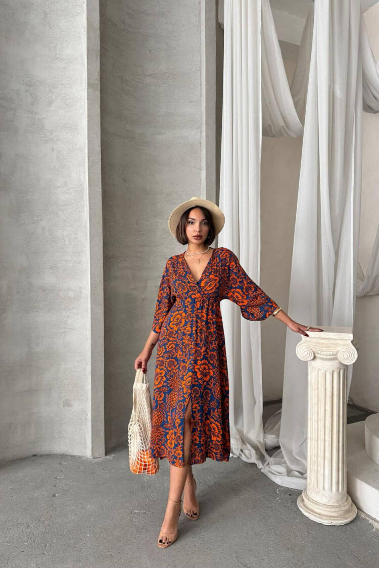 Casual Patterned Midi Length Viscose Dress - Multicolor