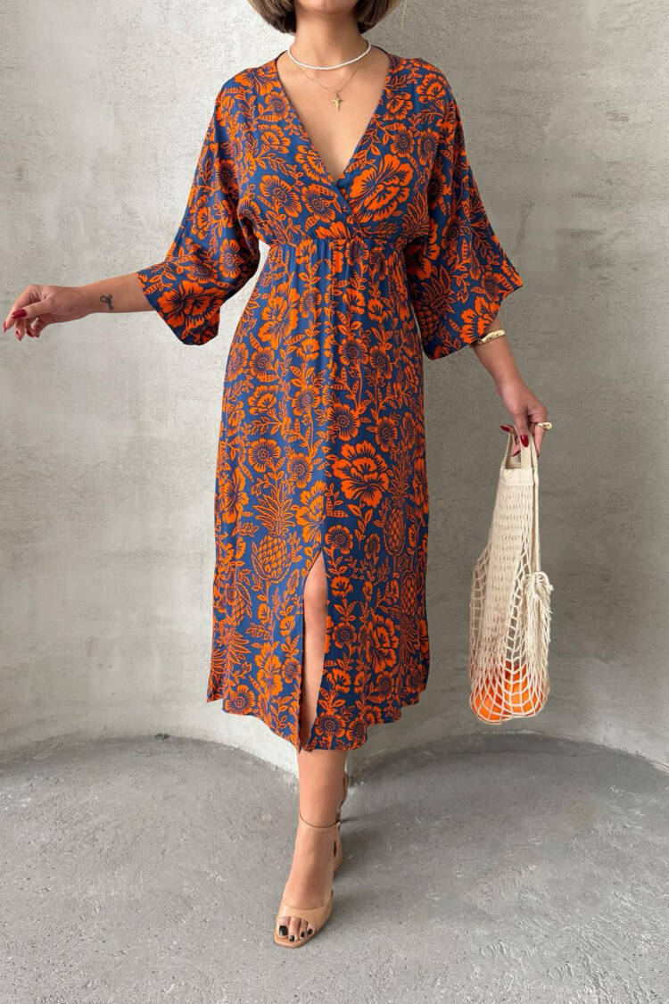 Casual Patterned Midi Length Viscose Dress - Multicolor - Mode Roy - Globality Store - Women Clothes Wholesale Turkey
