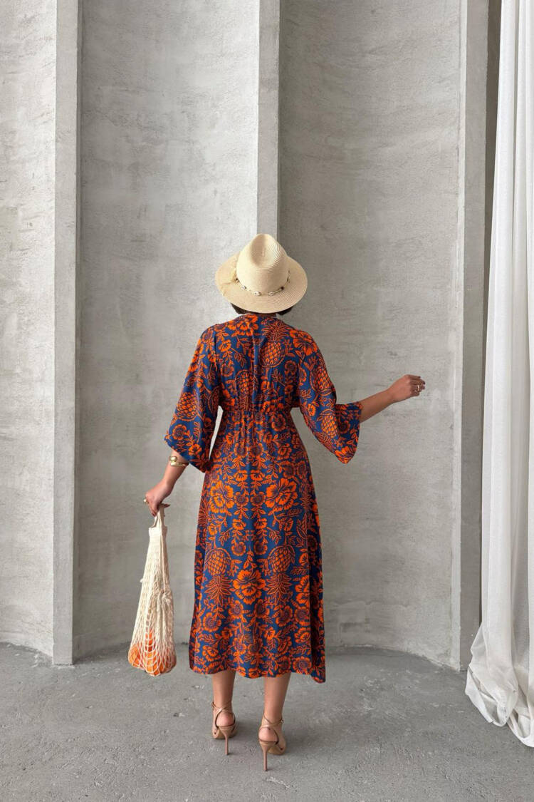 Casual Patterned Midi Length Viscose Dress - Multicolor