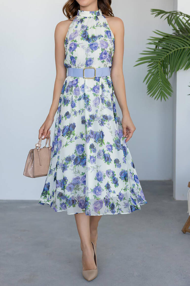 Midi Length Chiffon Dress With Belt