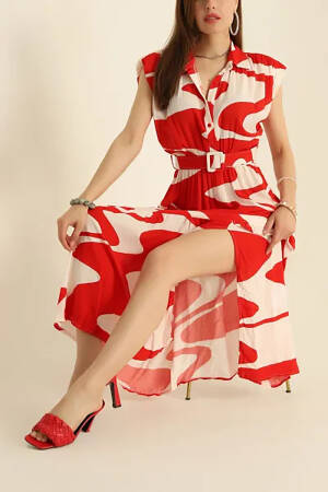 Belted Button Detailed Long Viscose Dress - Mode Roy - Globality Store - Women Clothes Wholesale Turkey