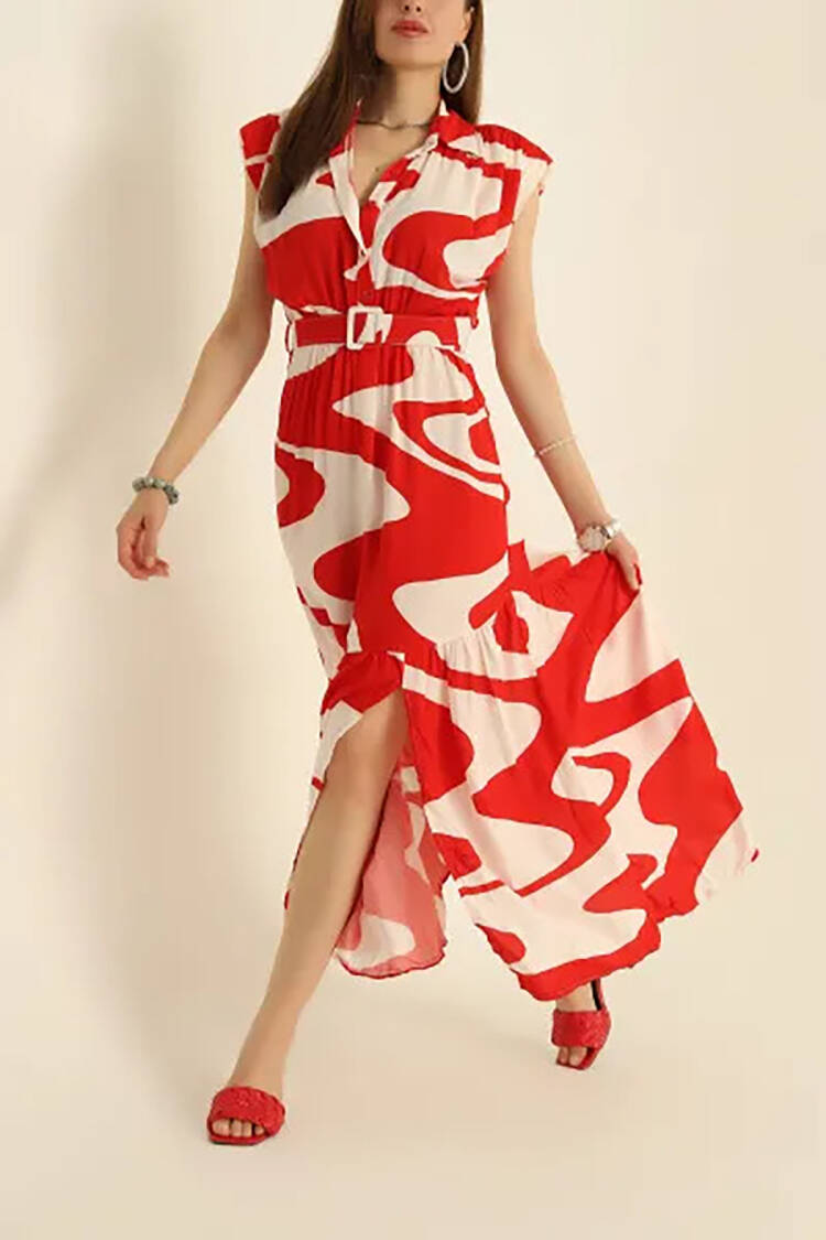 Belted Button Detailed Long Viscose Dress - Mode Roy - Globality Store - Women Clothes Wholesale Turkey