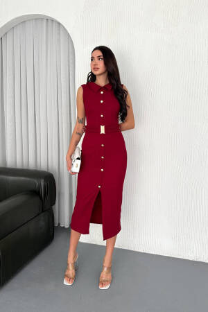 Button Detailed Shirt Dress - Burgundy - Mode Roy - Globality Store - Women Clothes Wholesale Turkey