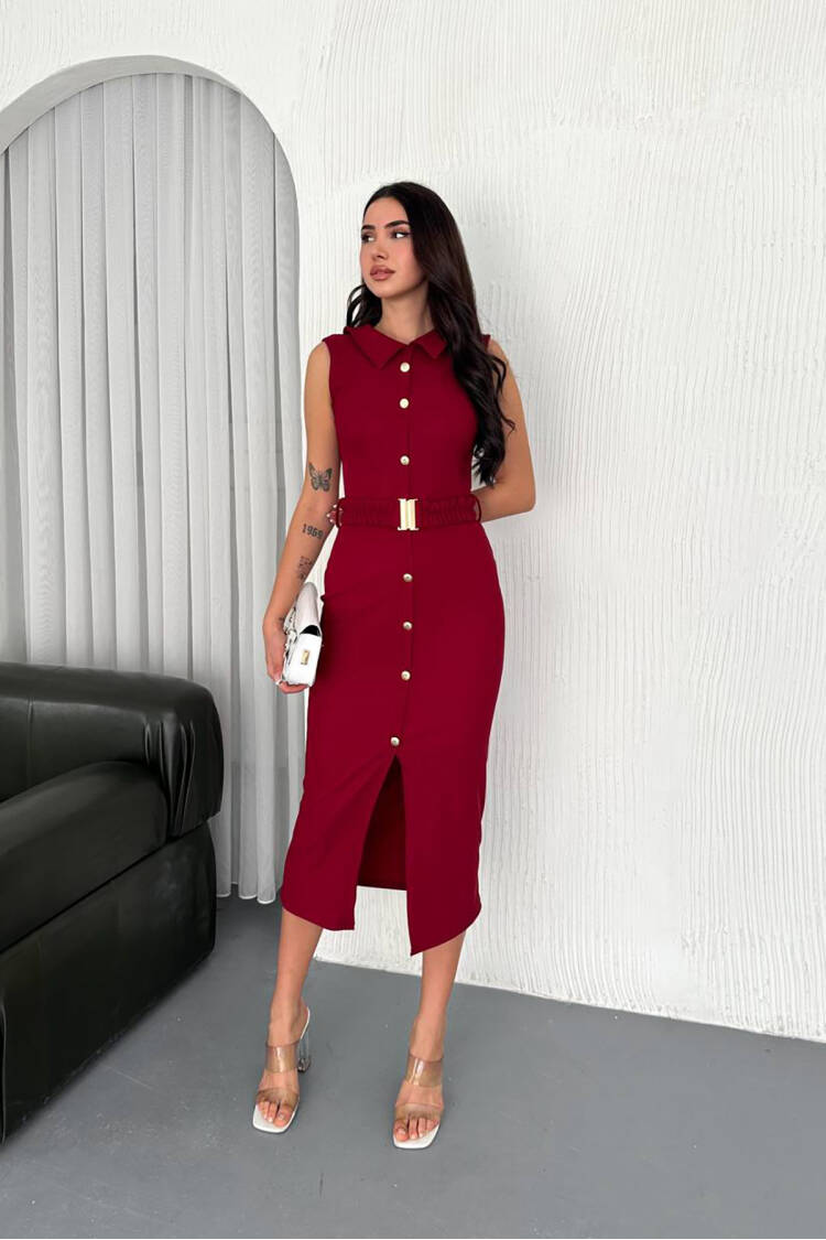 Button Detailed Shirt Dress - Burgundy - Mode Roy - Globality Store - Women Clothes Wholesale Turkey