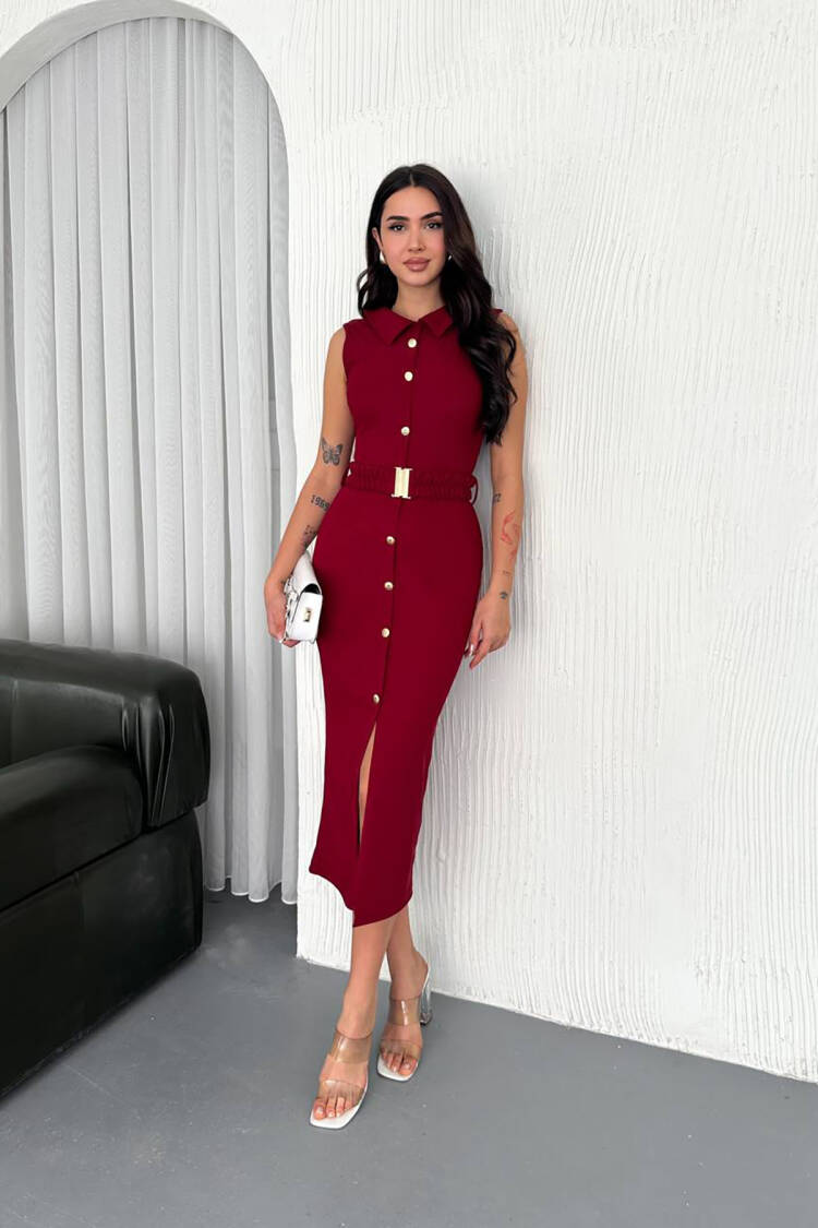 Button Detailed Shirt Dress - Burgundy