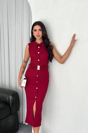 Button Detailed Shirt Dress - Burgundy - Mode Roy - Globality Store - Women Clothes Wholesale Turkey