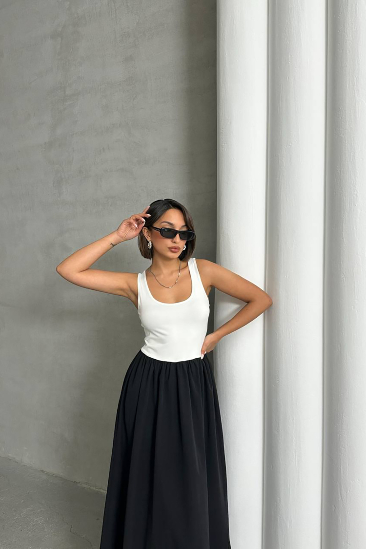 White Two Color Tank Top Dress With Straps